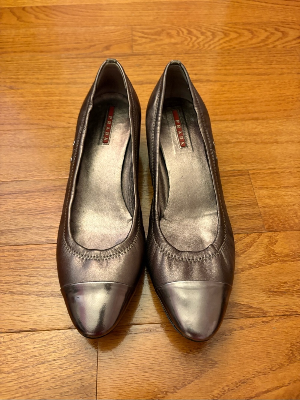 Prada Metallic Gray Leather Cap-Toe Ballet Flats